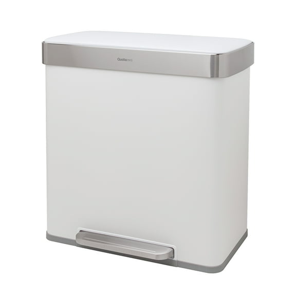 Qualiazero 16 Gallon Trash Can, 8 Gallon Dual Compartment Step On Kitchen Trash Can, Stainless Steel - Matte White