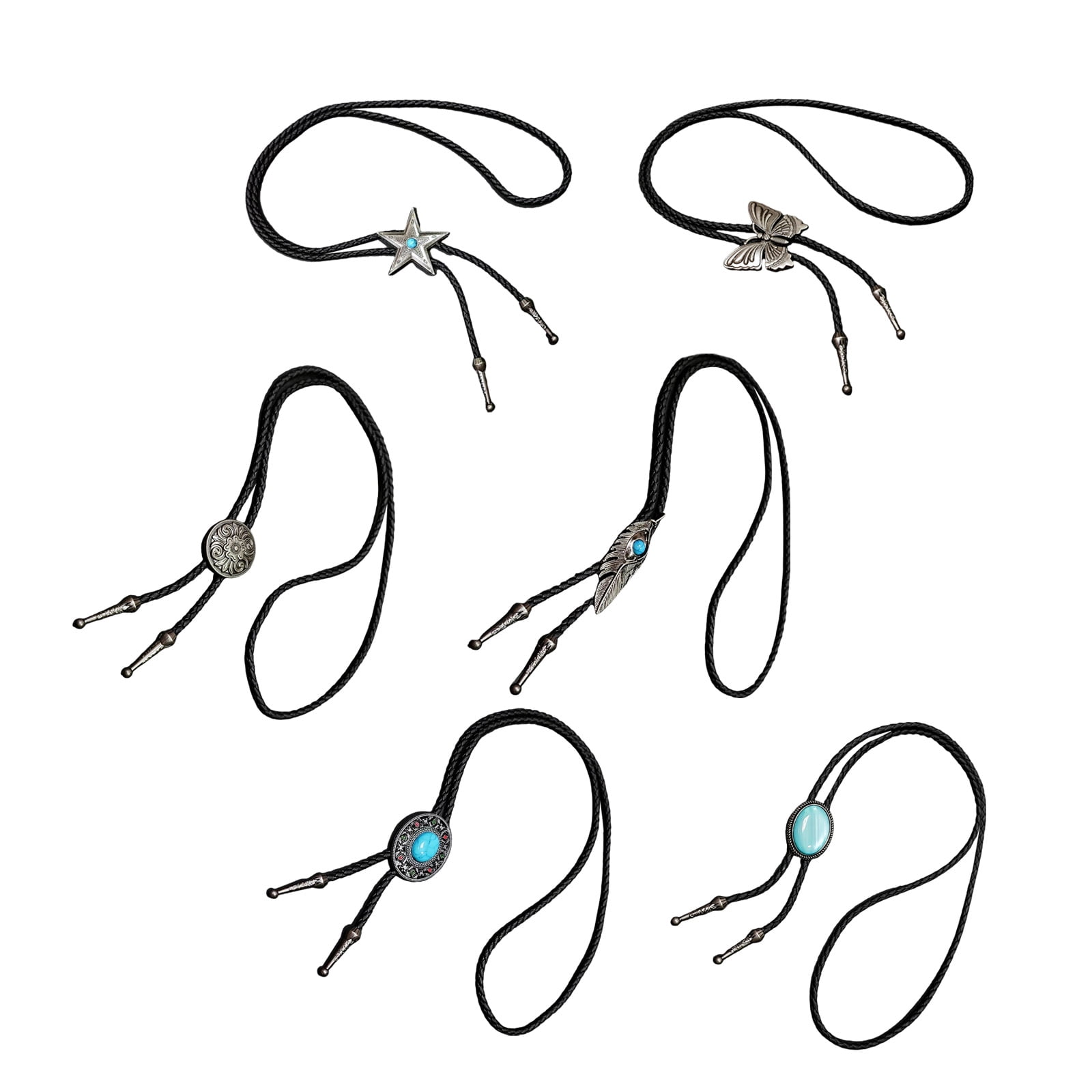 RUISINERY Pack of 6 Bolotie Set Western Outfit Leather Cord Rodeos Jewelry Pendant Necktie Necklace for Men and Women Festivals