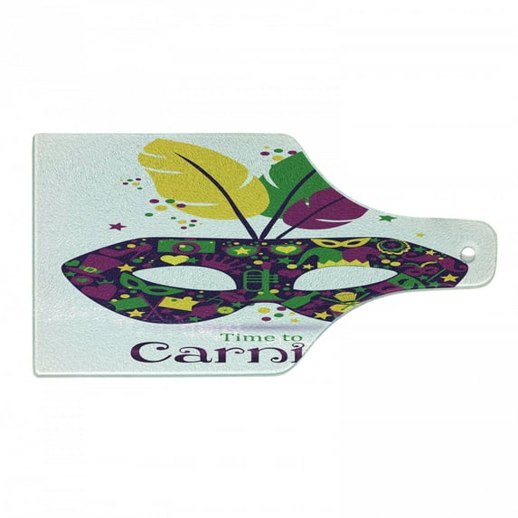Mardi Gras Cutting Board, Time to Carnival Themed Design with Carnival and Feathers, Decorative Tempered Glass Cutting and Serving Board, Wine Bottle Shape, Magenta Green Yellow, by Ambesonne