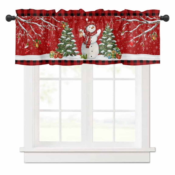 Christmas Snowman Valances for Windows Christmas Tree Xmas Gifts Retro Red Plaid Rod Pocket Curtain Valance Window Treatment Short Curtains for Kitchen Living Room, 42"x12"