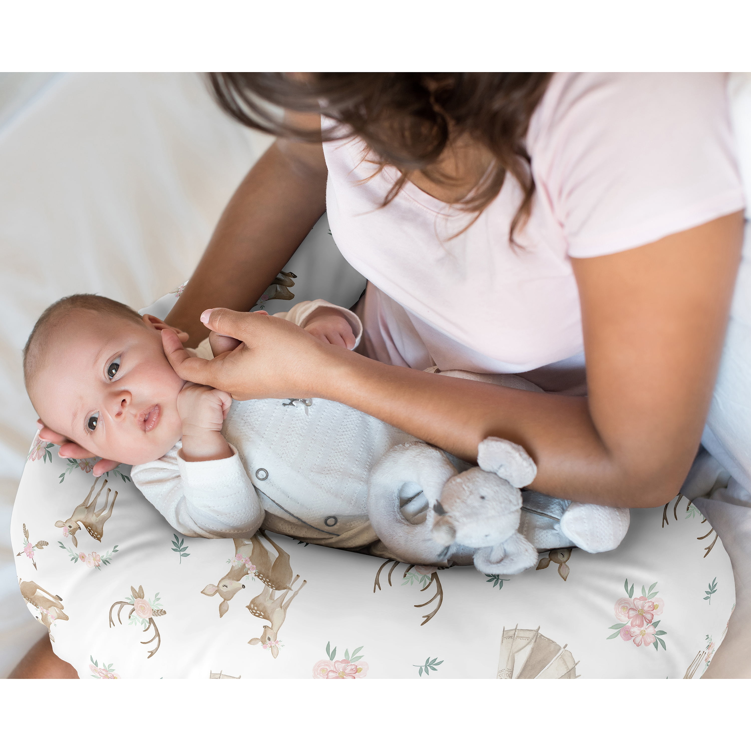 Sweet Jojo Designs Deer Floral Pink Green and White Nursing Pillow Cover Case (Pillow Not Included) (Pillow NOT Included)