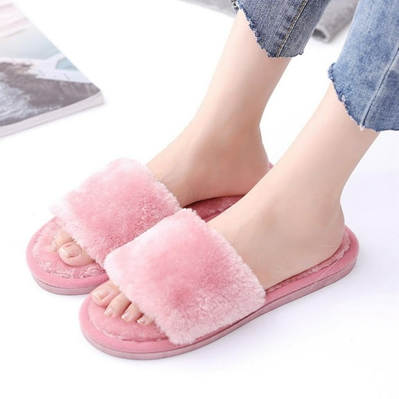 Women's Fuzzy Fluffy Furry Fur Slippers Flip Flop Open Toe Cozy House Memory Foam Sandals Slides Soft Flat Comfy Anti-Slip Spa Indoor Outdoor Slip on