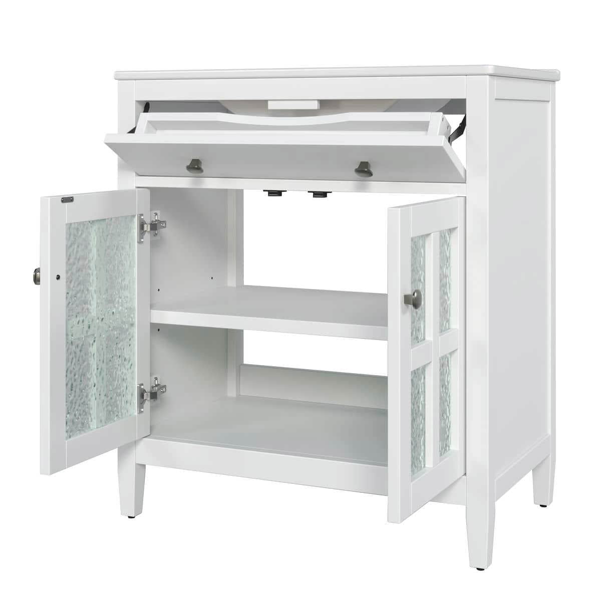 Resenkos 30" Bathroom Vanity with Ceramic Sink, Solid Wood Legs, Adjustable Shelf, Tip-Out Tray, Silver Metal Knobs, Soft Close Hinges - White