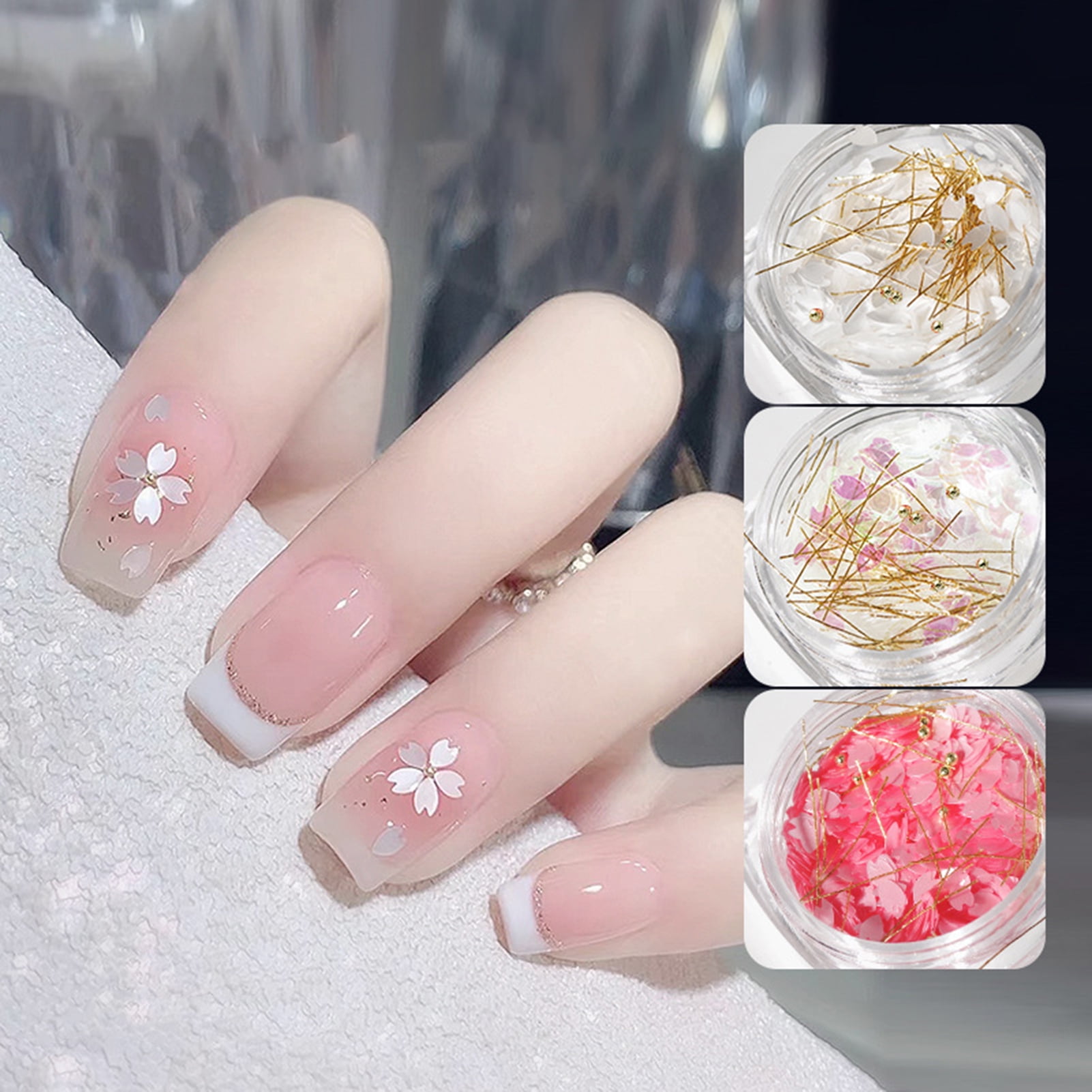niuredltd 3d flower nail charms for acrylic nail 6 grids 3d nail flowers  rhinestone white pink blue cherry acrylic nail art supplies with pearls