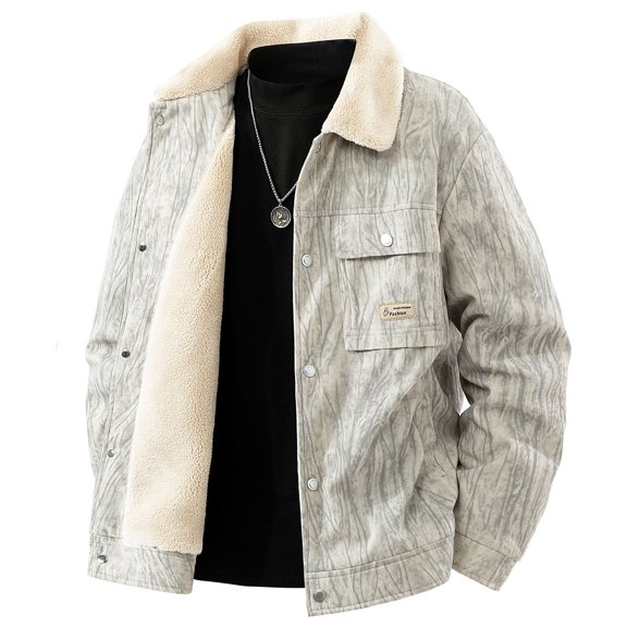 YueHuiYing Men's Solid-Color Lapel Corduroy Pocket Snap Thickened Coat Long Sleeve Hoodless Casual Outwear Jackets