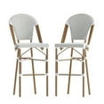 thumbnail image 2 of Merrick Lane Set of Two Indoor/Outdoor Stacking French Bistro Bar Stools with White and Gray Patterned Seats and Backs & Bamboo Finished Metal Frames, 2 of 12