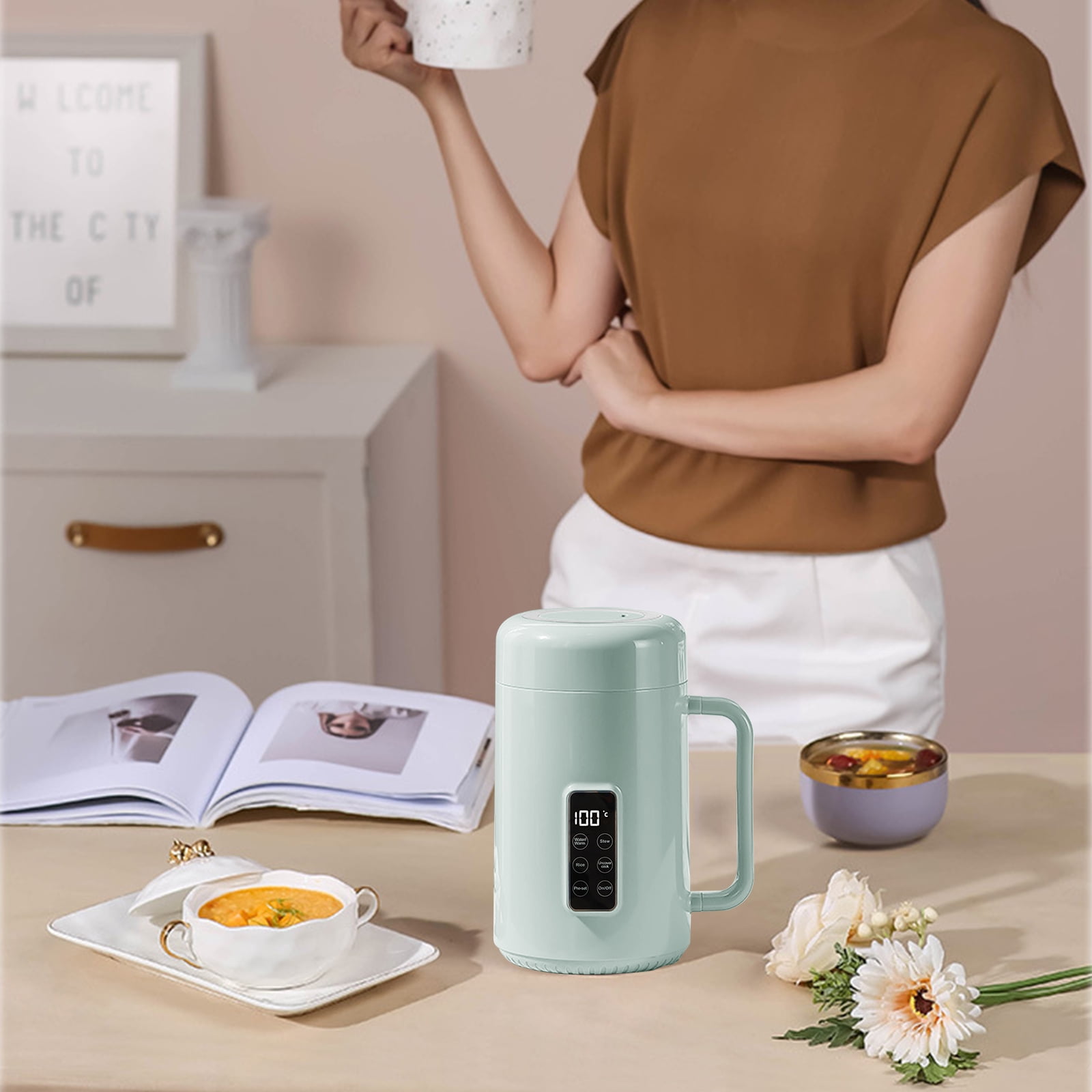 Jenmayt Portable Electric Pot for Cooking Dorm Room - 34oz Non-stick Travel Electric Kettle, Mini Hot Pot with Temperature and Time Control - Self Heating Soup/Rice/Ramen Cooker/Warmer