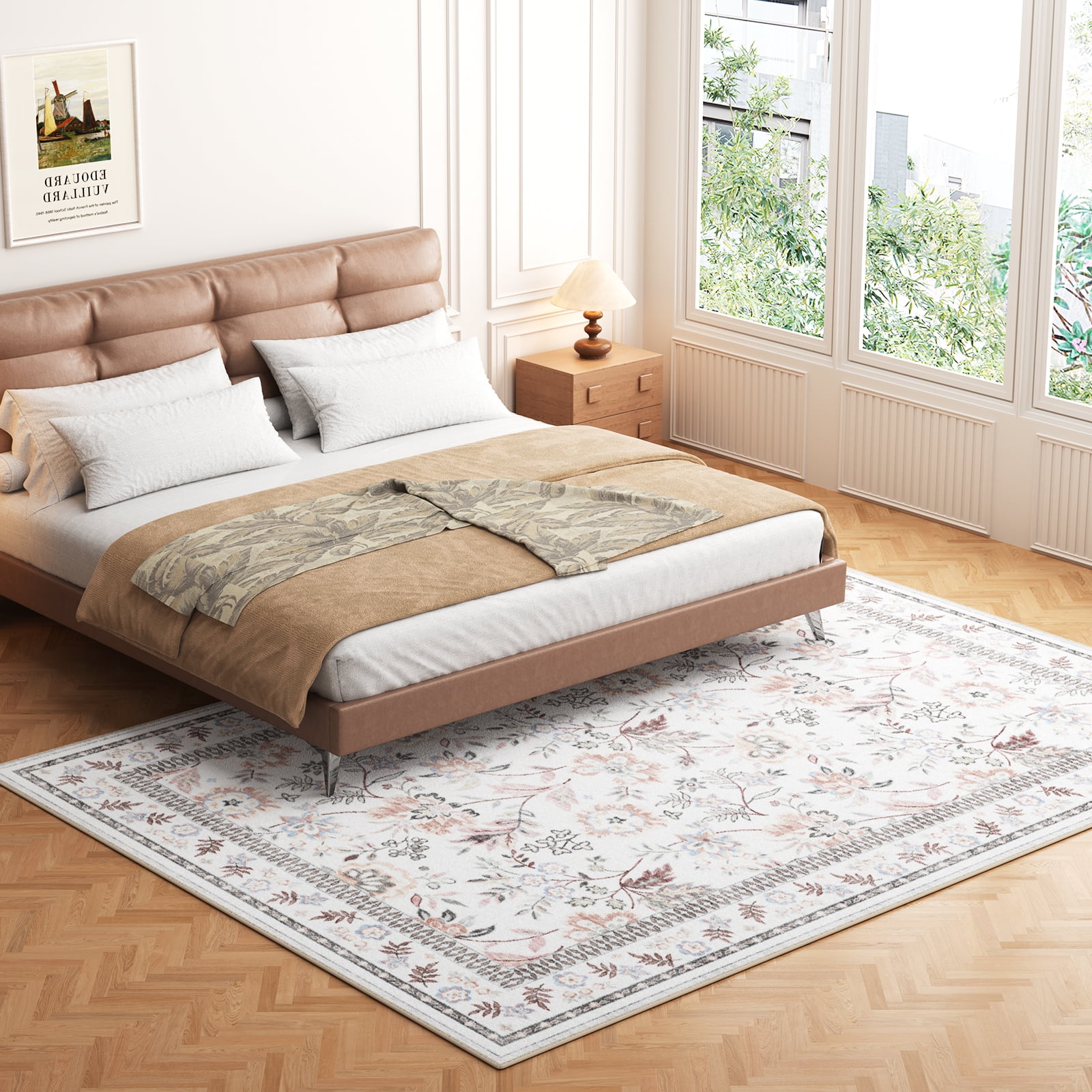 Washable Area Rug for Living Room, Curtilage 6'x9' Boho Khaki Floral Print Indoor Rug, Low Pile & Stain Resistant Carpet for Bedroom Dining Room