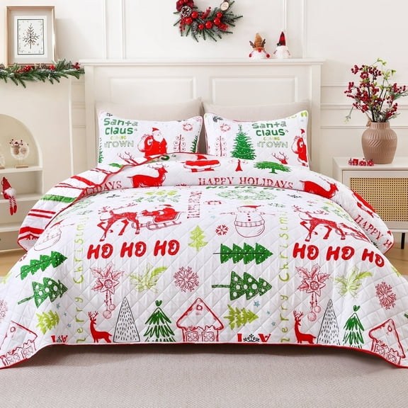 BLEUM CADE Christmas Quilt Sets Queen Size, 3 Pieces Christmas Tree Snowman Bedspread Coverlet Sets,Reversible Lightweight Xmas Coverlet Bedding Quilts Set(1 Quilt, 2 Pillow Shams)