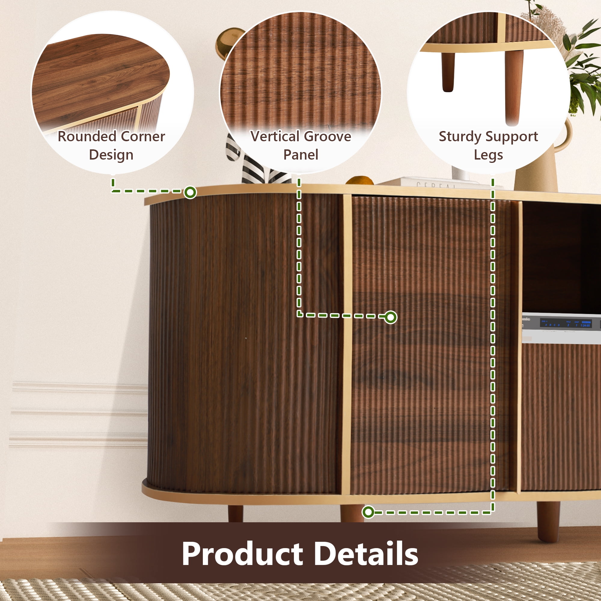 Magic Union 63" TV Stands, Fluted Modern Mid Century Entertainment Center Console for 55/60/65/70/75 inches TVs, Curved TV Stand with Open Storage & Side Cabinets, Living Room, Bedroom furniture
