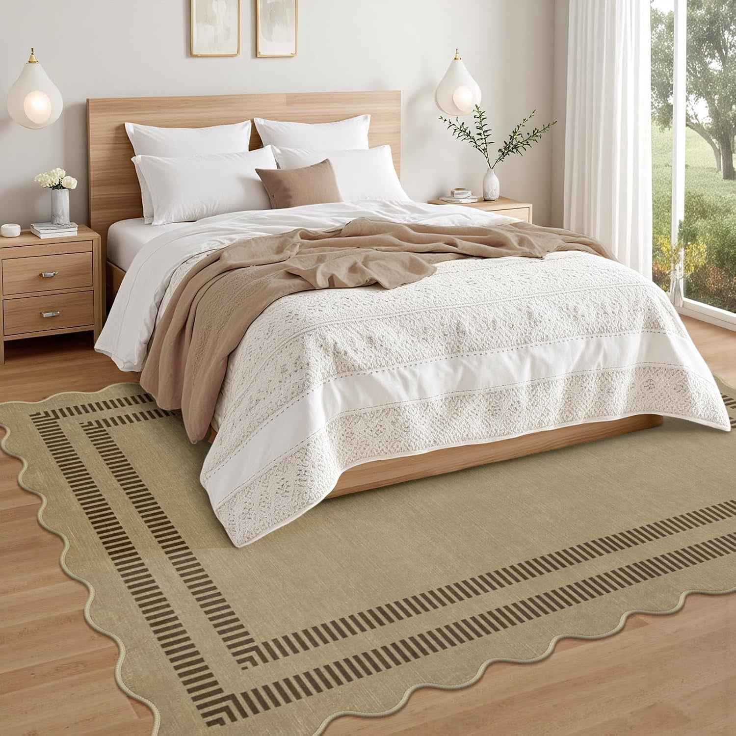 Washable Rug 5x7 Area Rugs for Living Room, Solid Brown Rug Non Slip Scalloped Throw Mat with Rubber Back, Soft Low Pile Carpet for Dining Room Bedroom Dorm Nursery