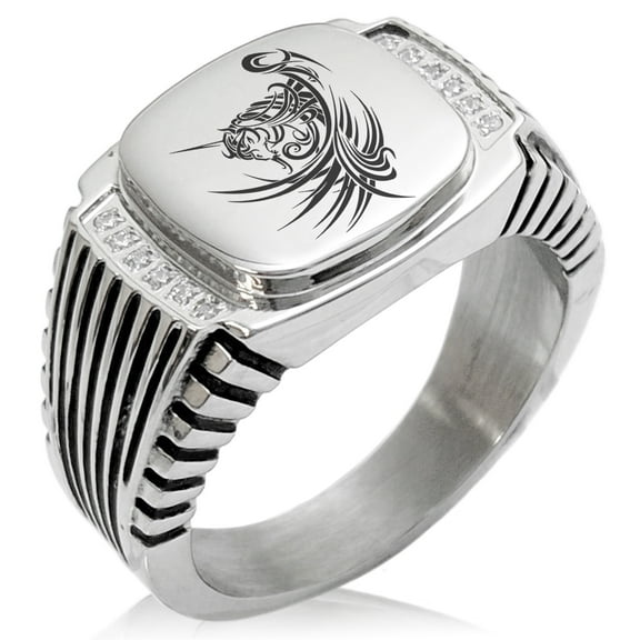 Stainless Steel Almighty Alicorn CZ Ribbed Needle Stripe Pattern Biker Style Polished Ring