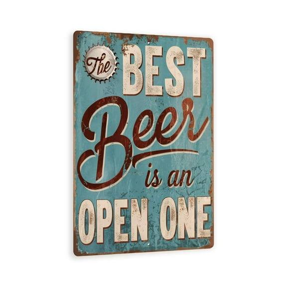 Vintage-Style "The Best Beer is an Open One" Metal Sign - Humorous Teal Wall Decor with Rustic Bottle Cap Graphic