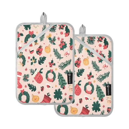 

A Pattern with Christmas Stockings and Green Leaves Square Insulation Pads 2 Piece Heat Resistant 338 Degrees F Oven Mitts for Kitchen Table BBQ Microwave and Other Cooking Occasions