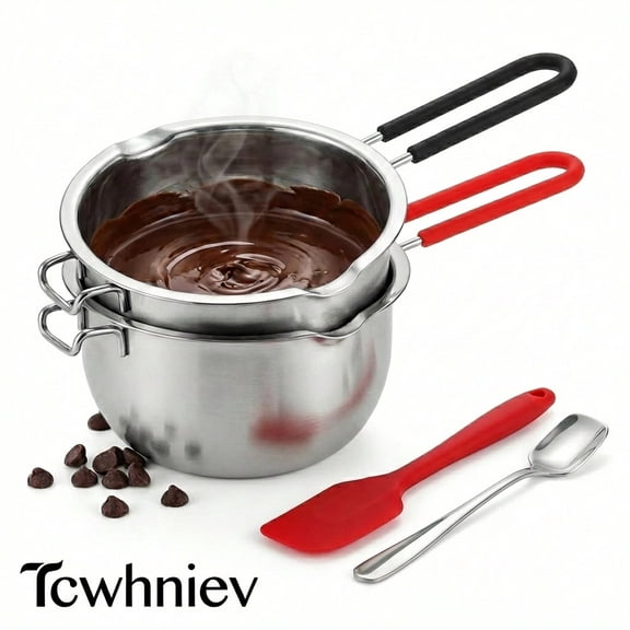 2Pcs Double Boiler Pot Set 480ml Stainless Steel Small Double Boiler with Spoon and Silicone Spatula for Chocolate Butter Melting Candle Making