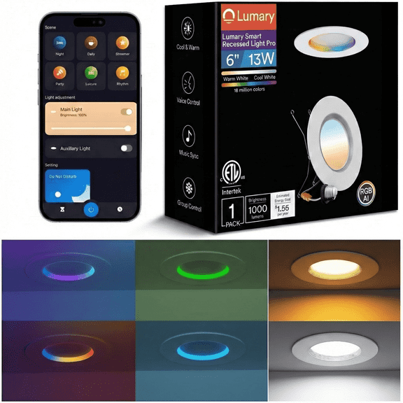 Lumary Smart Retrofit Recessed Lighting 6 Inch RGBAI Ring LED Downlight 13W WiFi Voice Control 1 Pack