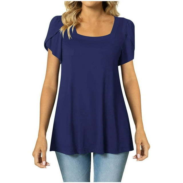 JUNWELL Blouses d'Été Tendance pour Femmes Col Carré Manches Courtes Tunique Décontractée Couleur Unie Plissée Évasée Bleu m