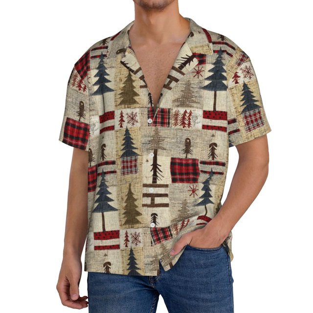 Balery Rustic Plaid Forest Lodge Camisa Casual de Manga Corta con Botones para Hombre, Texturizada, Estilo Cubano, para Playa, Verano-4X-Large