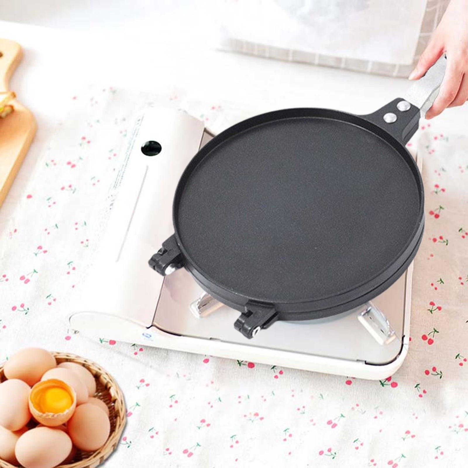 Iumwxz Egg Roll Press Mold, Non Stick Aluminum Alloy Egg Roll Maker for Crepes and Waffles with Checkered Pattern, Easy to Use with Handle for Even Cooking, Compact Kitchen Baking Tray