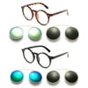 2 Pack 3 in 1 Package Classic Round Clear Lens Frame with Two Clip Ons Flash Interchangable Sunglasses Lenses for Men & for Women