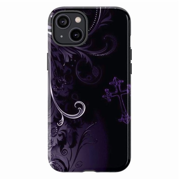 Gothic Cross Phone Case, Elegant Dark Purple Floral Swirl iPhone Cover, Stylish Protective Case for iPhone 17 16 15 14 13 12 11 Pro Max Plus Mini