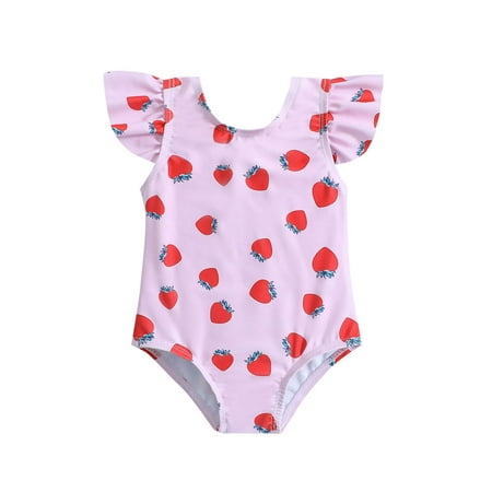 

Lovely Casual Swimwear For Children Girls Strawberry Fruit Printed Ruffled Sleeve Summer Monokini Fashion Onesie Beachwear Sport Athletic Bikini Bathing Suits