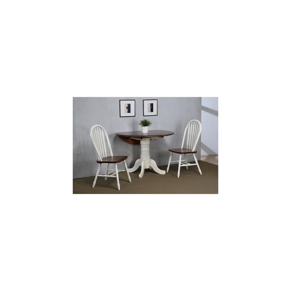 42" Round Extendable Dining Set - Drop Leaf Table & 2 Chairs - White & Chestnut Brown