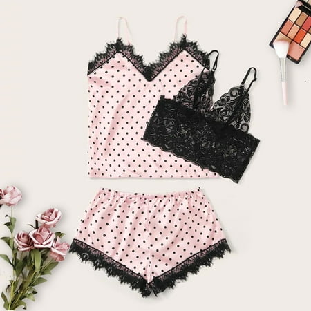 

〖TOTO〗Intimates For Women 3Pc Women Lace Floral Printing Satin Lingerie Camisole Wireless Bra Shorts Pajamas Set