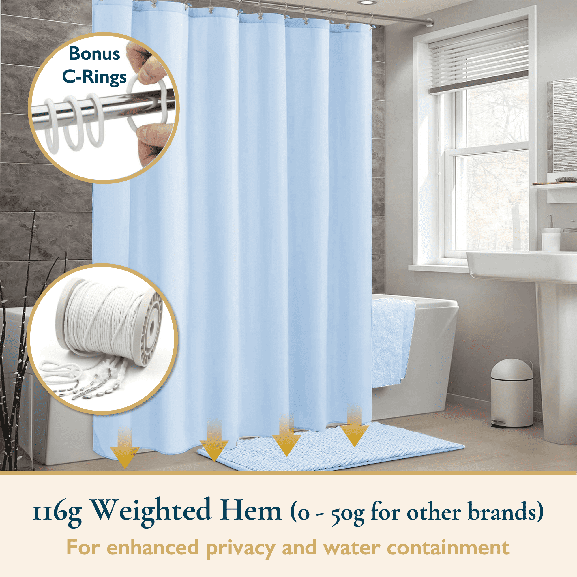 ComfiTime Shower Curtain/Liner with Hooks – 2-in-1 Mold/Mildew-Resistant, Weighted-Hem Fabric Bathroom Curtain, Water-Repellent TPU Coating, Machine-Washable, Fade-Resistant, Blue, 108*72