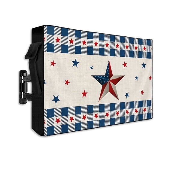 4th of July Outdoor TV Cover 30 to 32 Inch Weatherproof, Country American Star Blue Plaid Patriotic 600D Oxford TV Covers with Waterproof Zipper, Outside Flat TV Screen Protector Size 30"Wx19"Hx4.5"D
