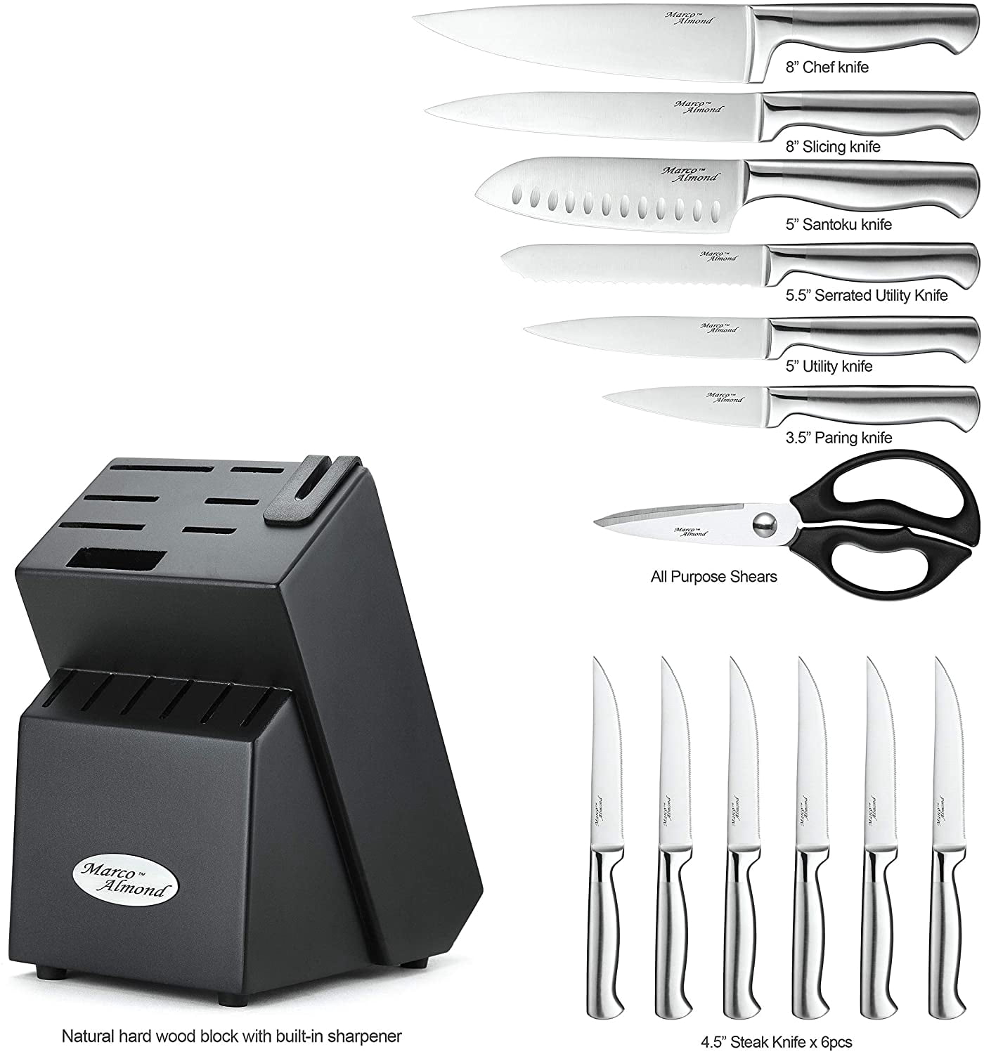 Marco Almond KYA28 14-Piece Stainless Steel Cutlery Kitchen Knife Set with Block,Built-in Sharpener