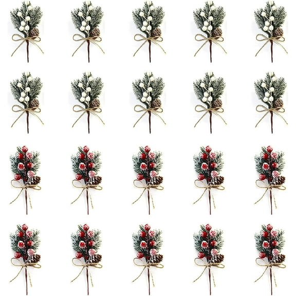 20 Pcs Christmas Floral Picks, 7.8 inch Snowy Holly Christmas Red Berry Picks Stems, Christmas Picks and Sprays Artificial Pine Picks with Pine Cones for Crafts, Wreath, Garland, Xmas Tree