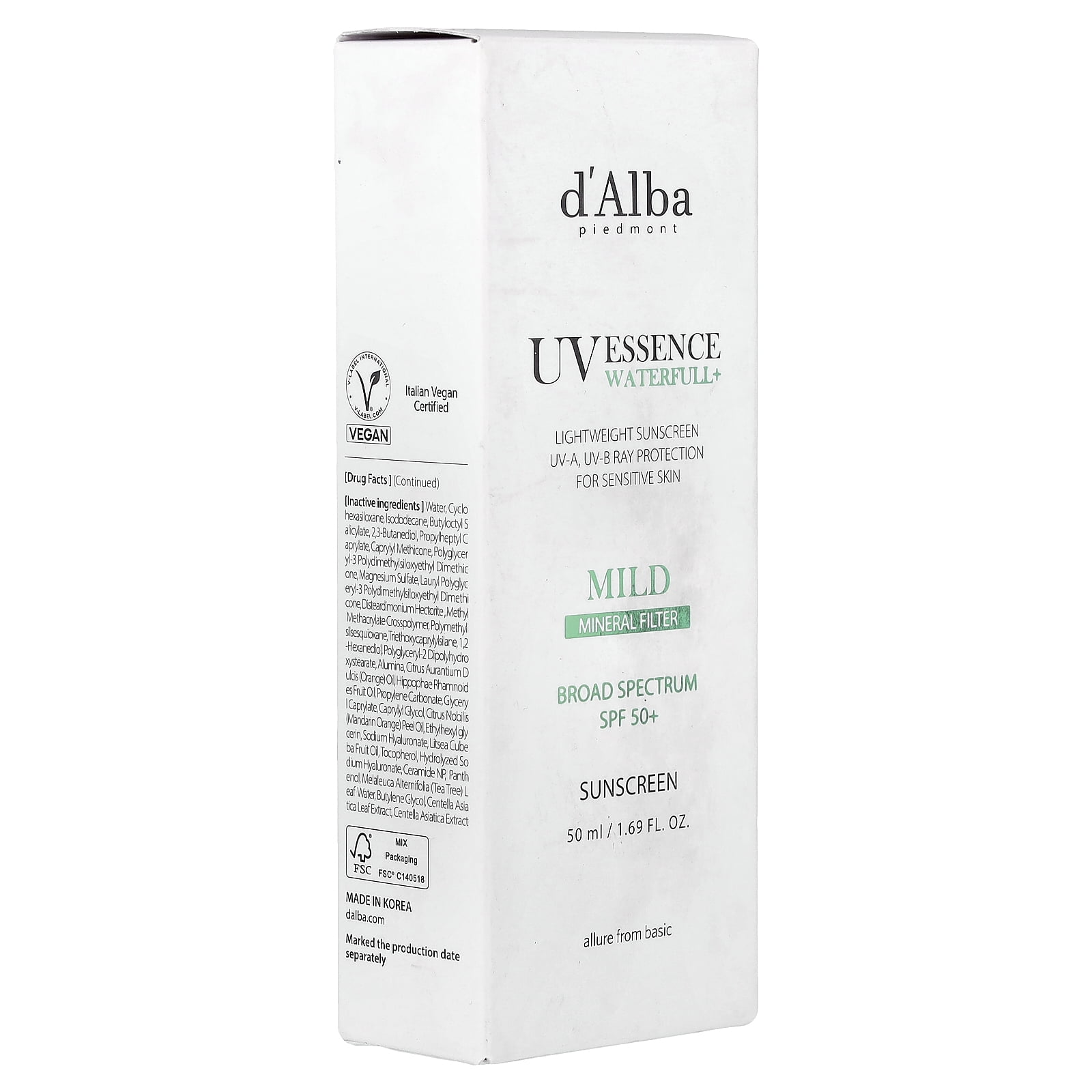 d'Alba UV Essence Waterfull+ Sunscreen, Mild, SPF 50+, 1.69 fl oz (50 ml)