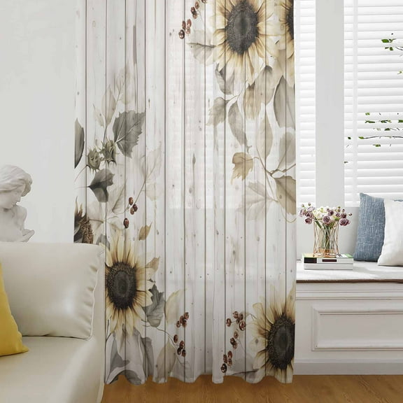 Vintage Sunflowers Semi Sheer Curtains Drapes for Living Room, Bedroom, French Doors Window 84 Inches Long, Farmhouse Flowers Wooden Grain Rod Pocket Chiffon Curtain Drapery Voile Draperies Panel