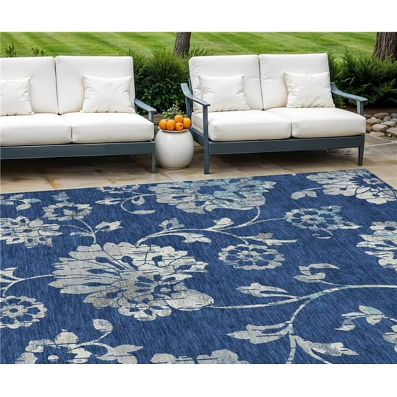 HomeRoots 589486 9 x 12 ft. Floral Washable Indoor & Outdoor Rectangle Area Rug, Navy Blue & Gray