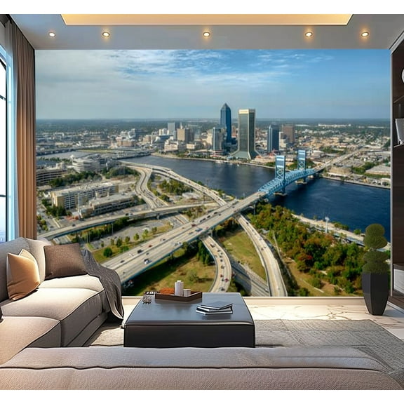 Peel and Stick Wallpaper Waterproof Aerial view Jacksonville city high office buildings american freeway Wall Mural Decor Self Adhesive and Removable 100in x 144in
