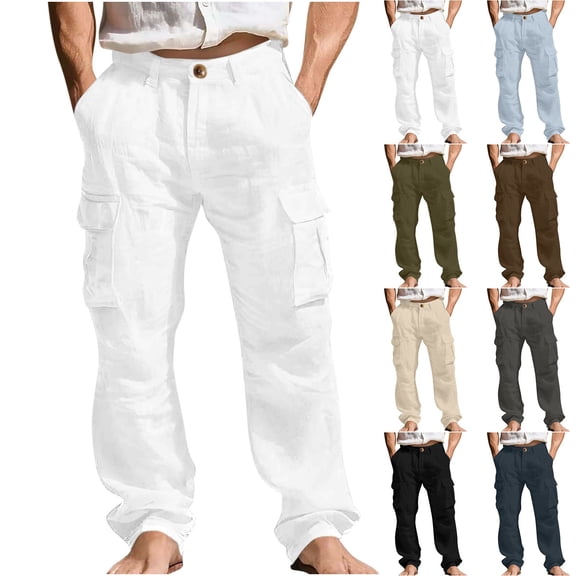 APEXFWDT Men's Cotton Linen Long Pants Multi Pockets Straight Leg Casual Pants Lightweight Pants for Beach Vacation,L,Army Green