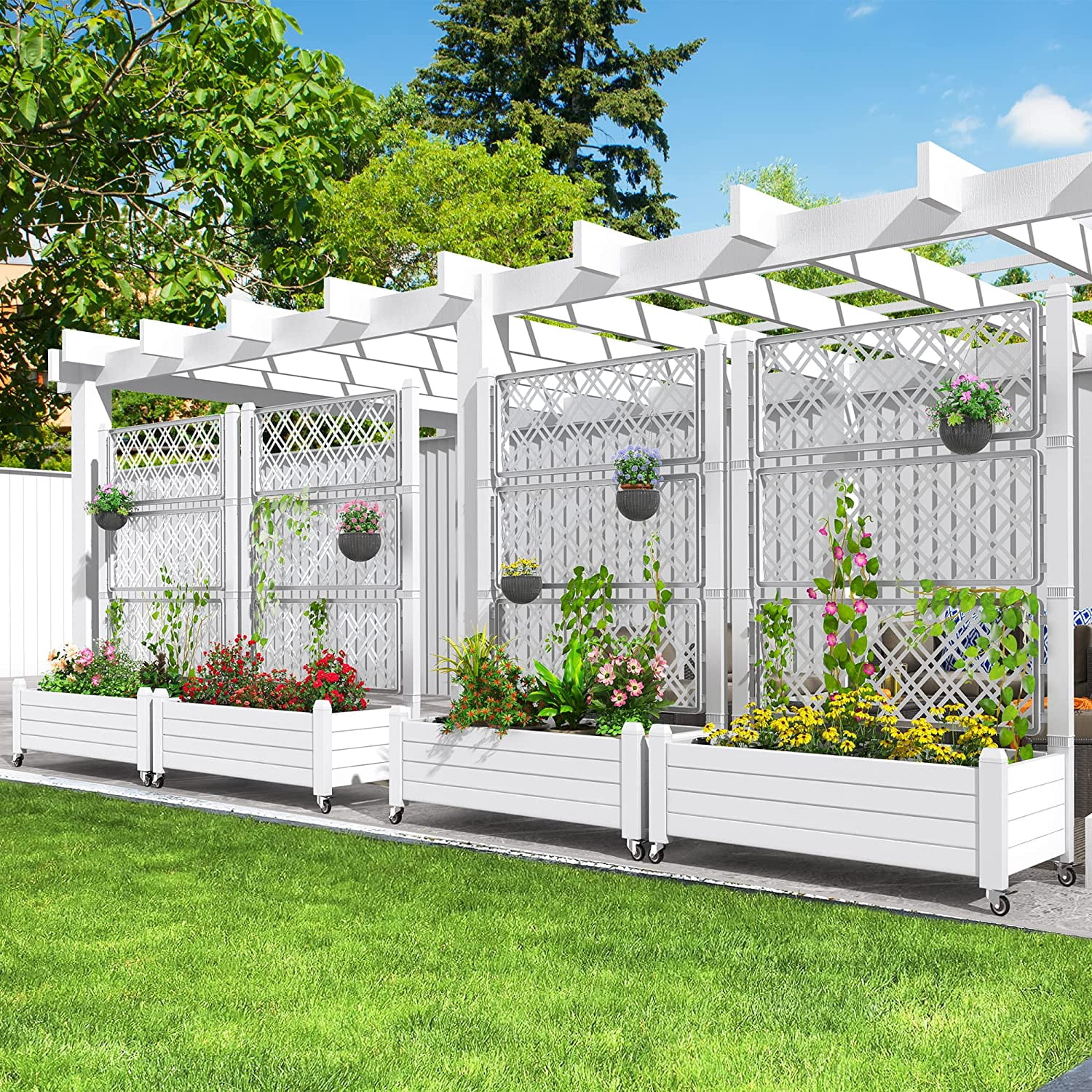 Dextrus 3.6x1.5x5FT Elevated Raised Garden Bed with Trellis and Lockable Wheels, Large Outdoor Resin Patio Planter Box with Drain Plug and Water Monitor for Vines, Climbing Plants, Flowers