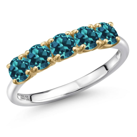 Gem Stone King 925 Silver and 10K Yellow Gold London Blue Topaz Wedding-Bands Ring for Women | 1.65 Cttw | Round 4MM | Gemstone November Birthstone | Size 5