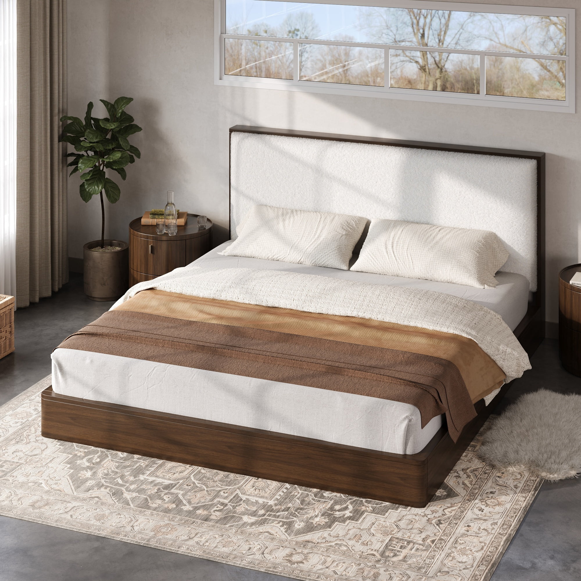 Euroco Wood Queen Size Platform Bed with Bouclé Upholstered Headboard, No Box Spring Needed, Walnut