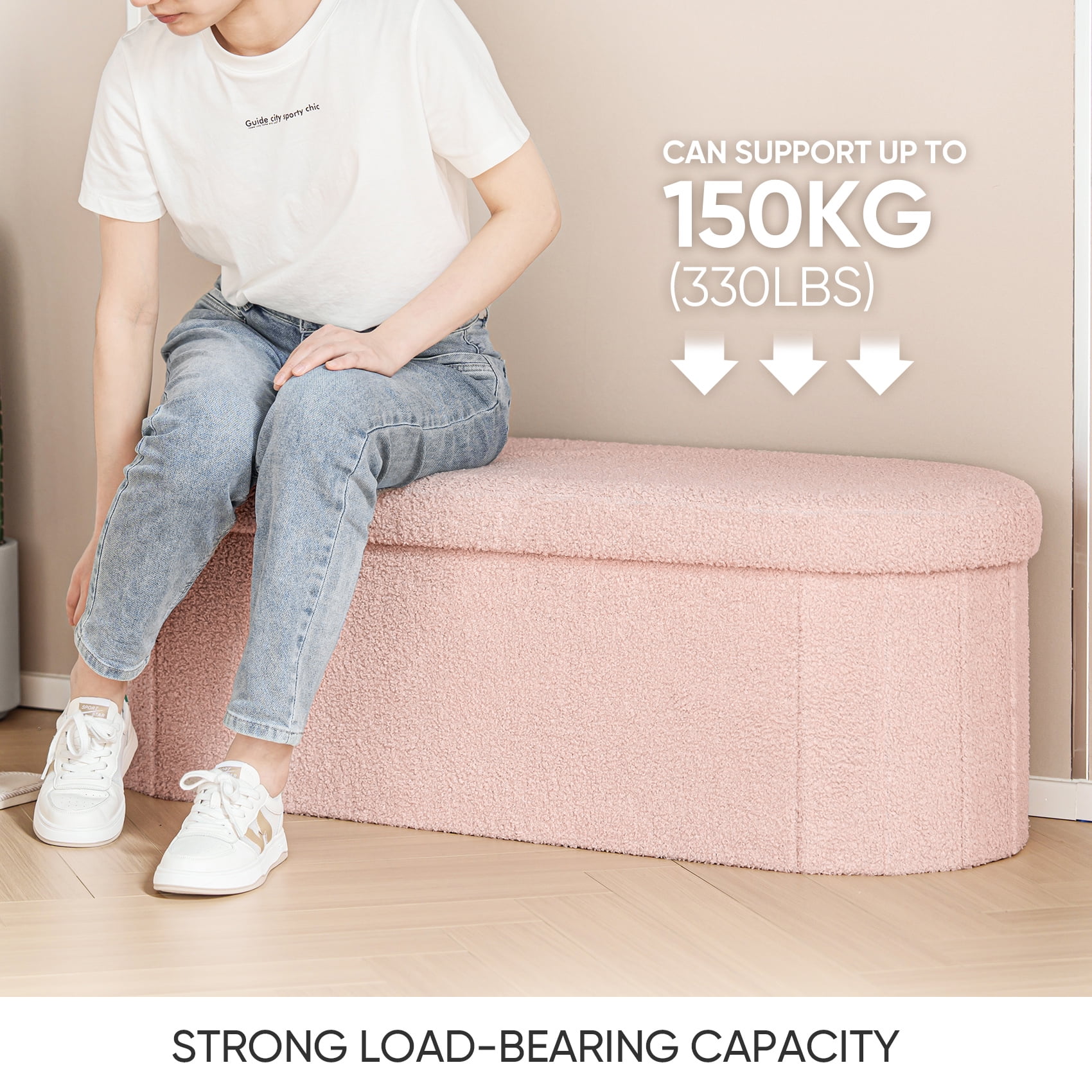 PINPLUS Storage Ottoman Bench Tufted Oval Ottoman Bench Foot Rest Velvet Bench with Storage 43" Pink