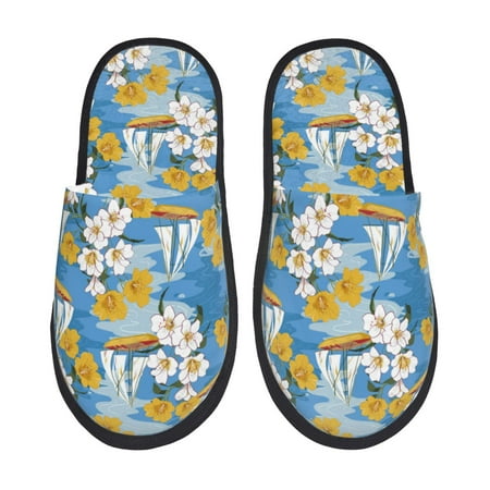 Balery Flower and Sail Boat Slient Indoor Furry Fleece Comfort House Shoes Soft Non-Slip Home Shoes Cotton slippers House Slippers-- Large