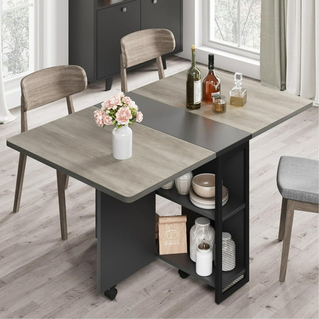 Yiwa Folding Dining Table, Drop Leaf Dining Table for 4, Foldable Kitchen Table with 2 Storage Shelf, Space Saving Dining Tables for Small Spaces, Movable Kitchen Table with 6 Wheels