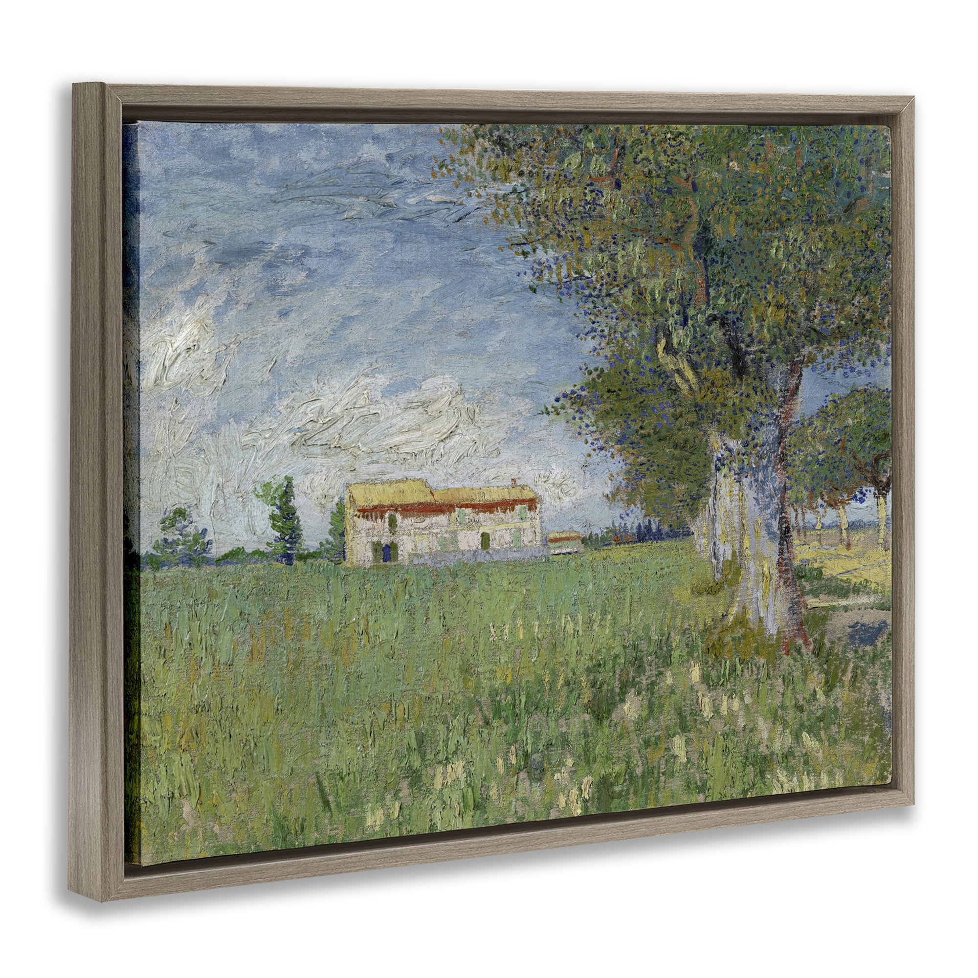 Stupell Industries Van Gogh Farmhouse in Corn Landscape & Nature Painting Brown Floater Framed Canvas Art Print Wall Art, 21 x 17