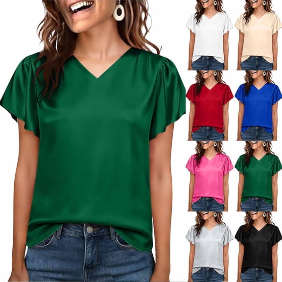 Women's Casual V Neck Short Sleeve Pleated Blouse Shirt Top Solid Color Loose Fit Breathable Summer Fashion | CSEONE,Beige XL