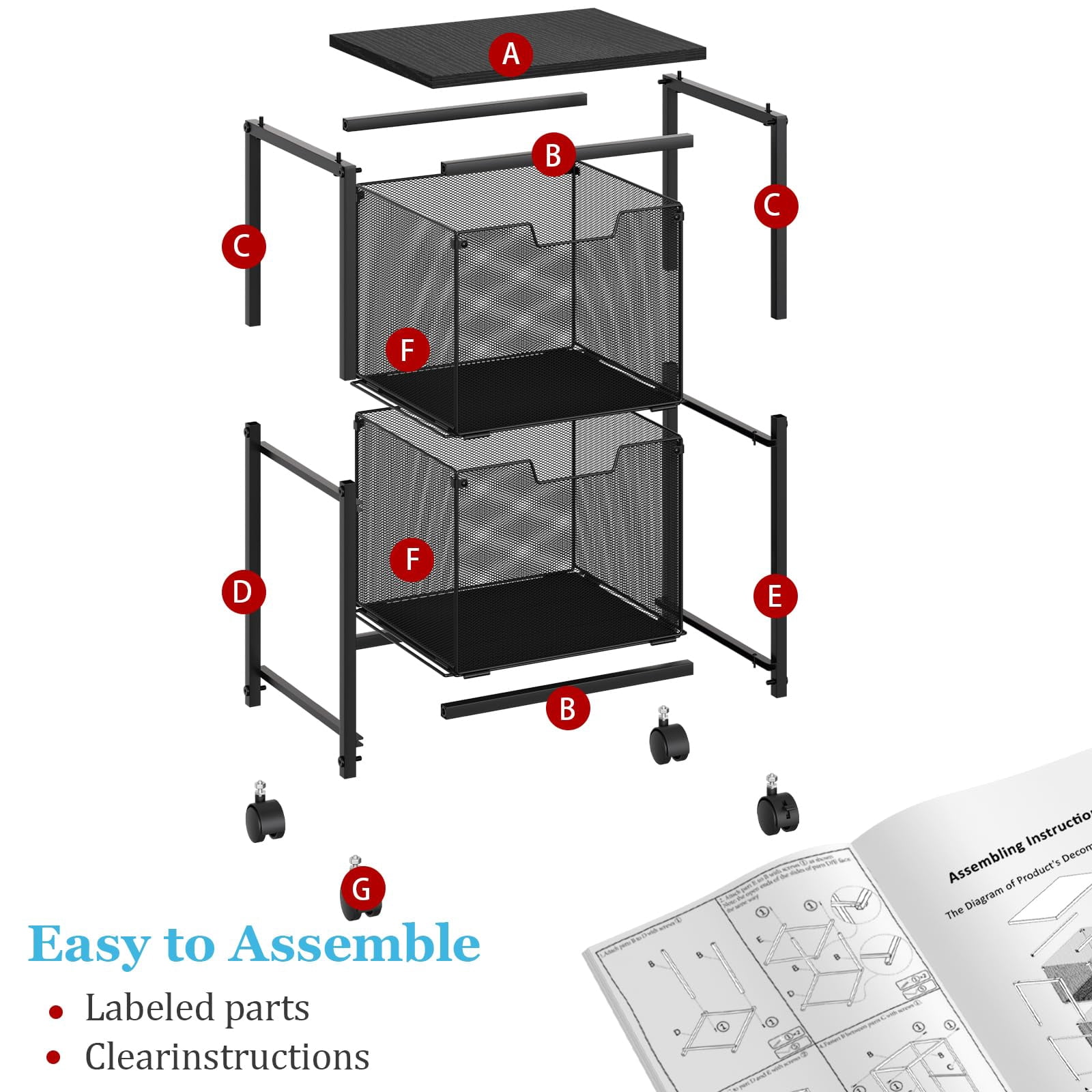 Rolling File Cart with 2 Storage Drawers, Mobile File Cabinet with Wheels, Hanging File Folder Organizer, Under Desk Storage, Printer Stand Utility Cart Filing Cabinet for Home Office,Black