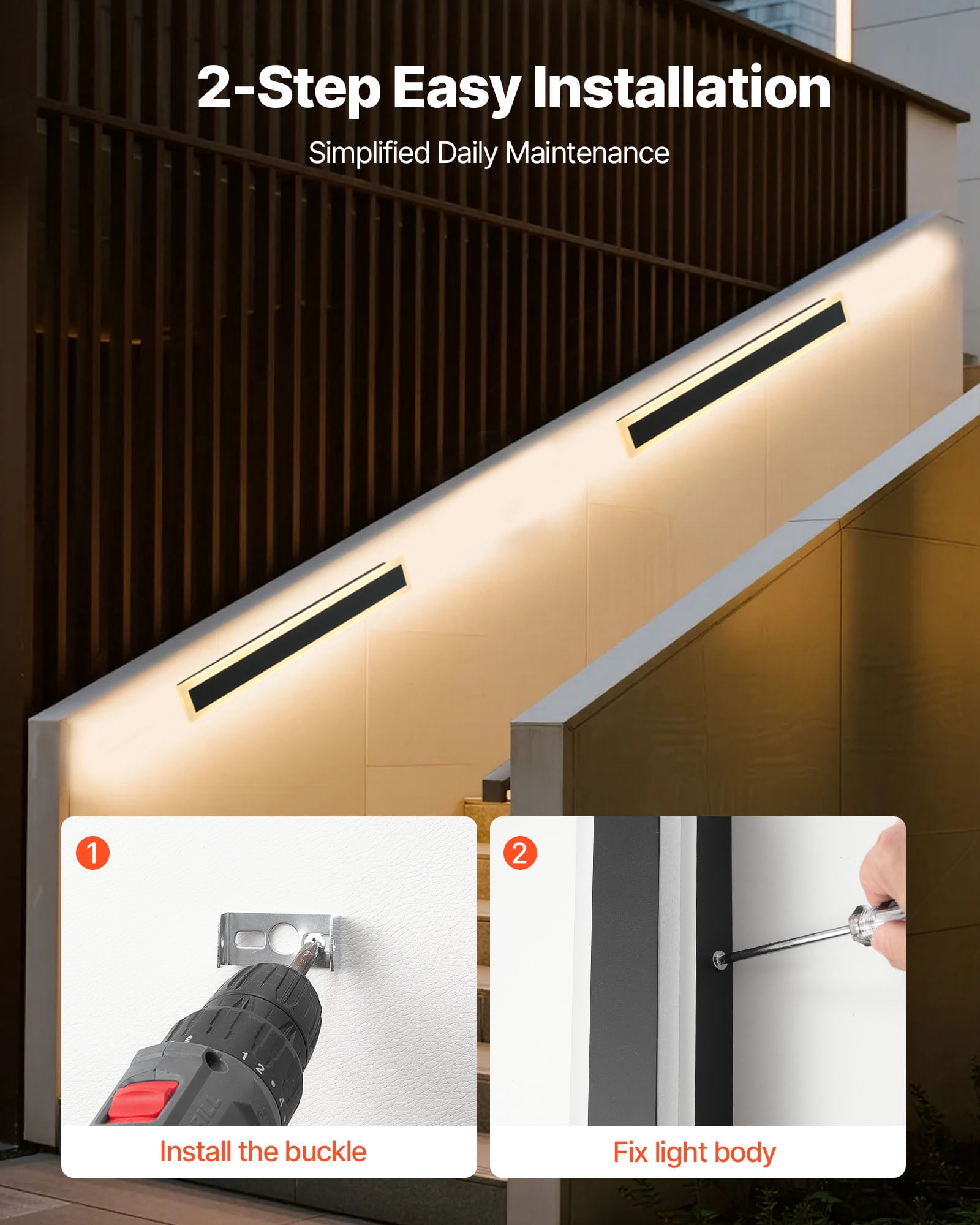 VEVOR Outdoor Wall Light, 23.6 Inch, Long Strip Modern Exterior Wall Sconce Light Fixtures, 3000K Warm White, IP65 Waterproof, Anti-Rust Outside Patio Wall Mount Lighting, for House, Porch, Garage