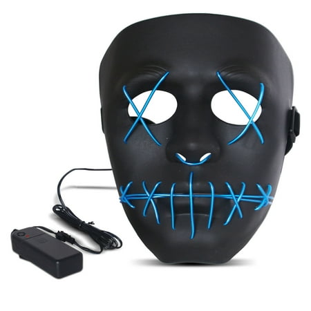 Halloween LED Mask Purge Masks with Lighten EL Wires Scary Light Up Cosplay Costume Mask Battery-operated Glowing Creepy Mask Black with Blue