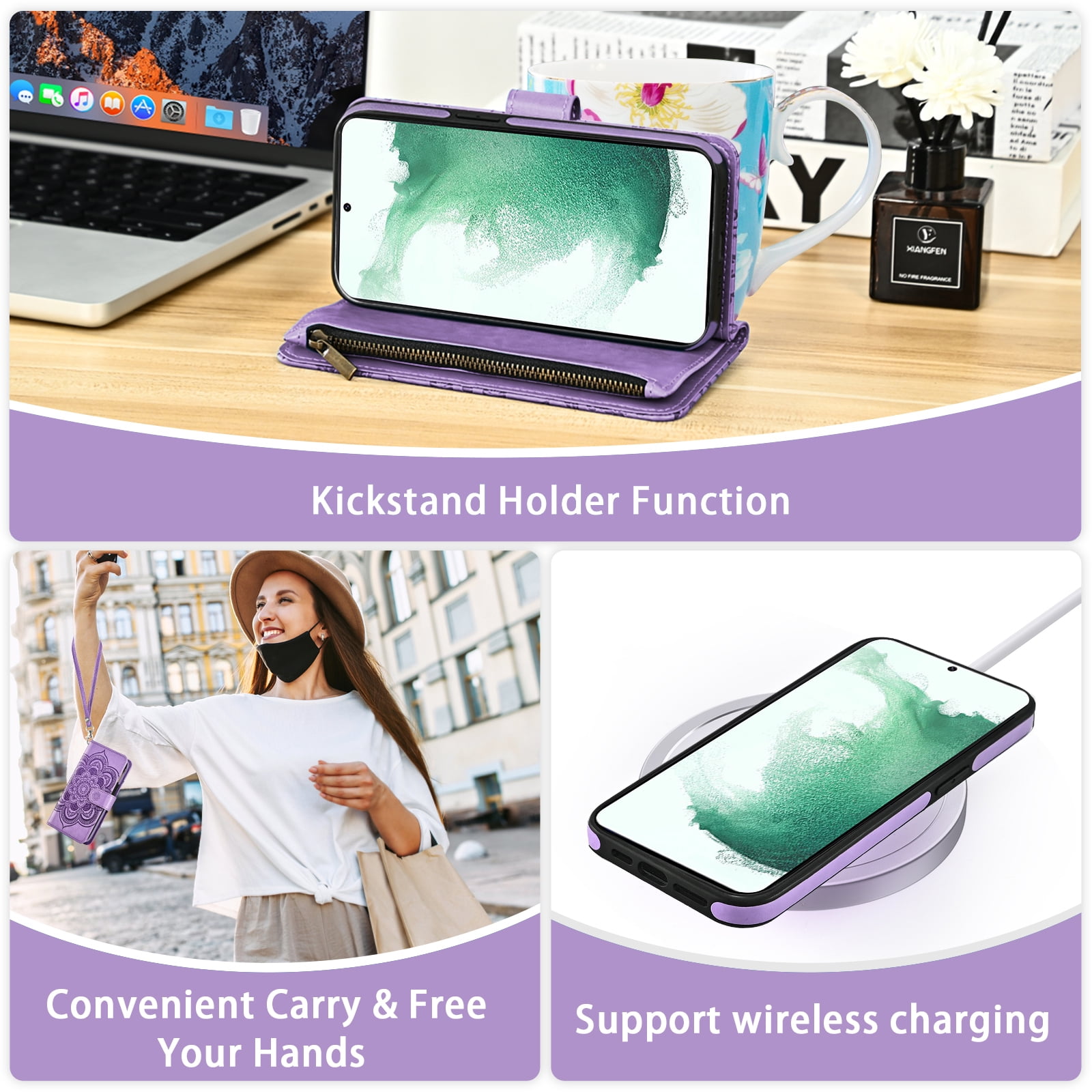 Phone Case for Samsung Galaxy S22 Plus S22+ 5G Zipper Wallet Magnetic Detachable Cell Cover with Tempered Glass Screen Protector Crossbody Strap Flower Card Holder Slot S22 S22plus S 22+ Women Purple