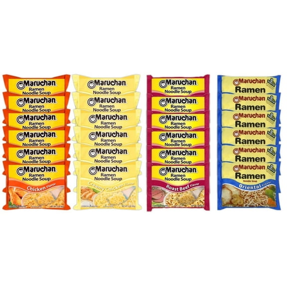 Maruchan Ramen Instant Noodle Soup Variety Mix 24 Packs, 4 Flavors - 6 Pack Roast Beef, 6 Pack Beef, 6 Pack Chicken , 6 Pack Lime Chili Shrimp Lunch / Dinner Variety